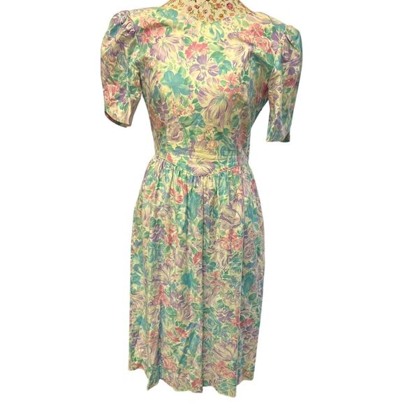 🌸 Vintage 80s Petit Laynz Size 10 Puff Sleeve Bow Back Pastel Floral Dress - Picture 1 of 4